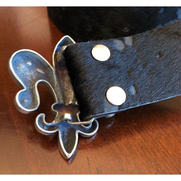 ROYAL PLUSH - L Sz M 31-34 Cowhair & Leather w/Pewter Rhinestones Fleur-de-lis - Picture 4 of 9